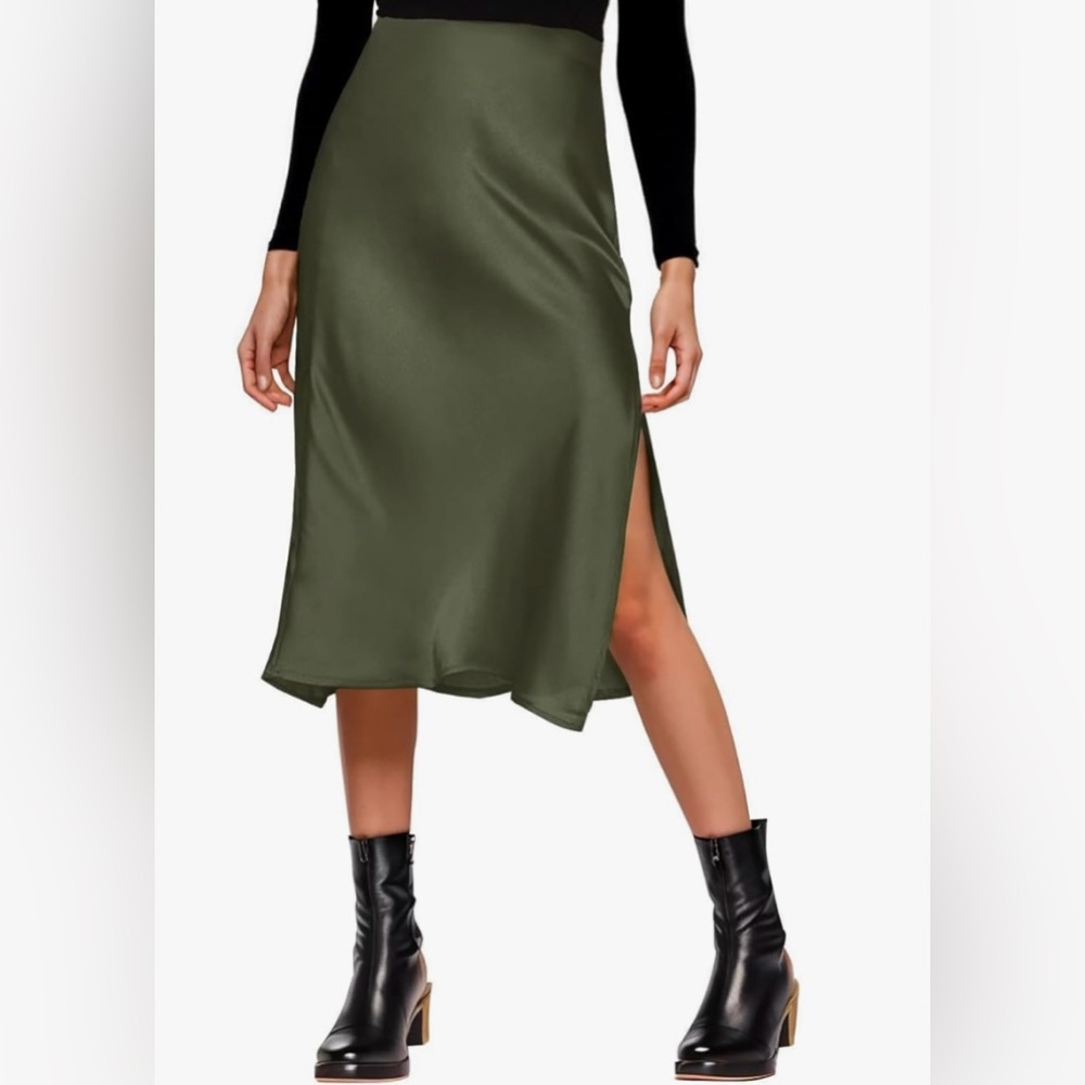 Elegant Olive Green Midi Skirt with Split